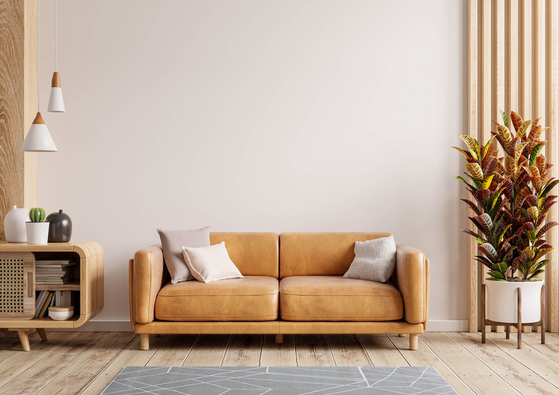 Contemporary living room with leather sofa
